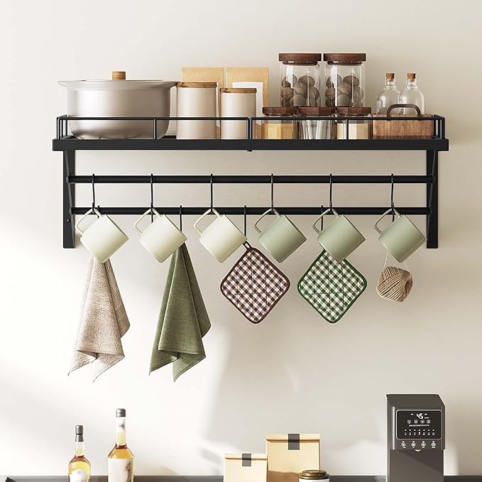 YATINEY Pot Rack, 30 Inch Wall Mounted Pot Rack, Kitchen Pot and Pan Organizer with 2 Tier Hanging Rails, 12 S-Hooks, Space Saving, for Kitchen Cookware Organizer, Black PR02BK - Image 2