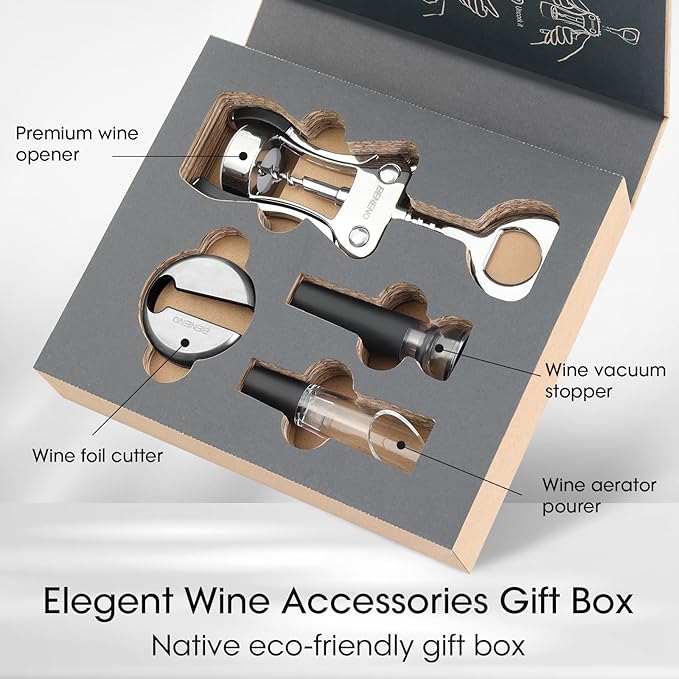 Beneno Multifunctional Wine Bottle Opener Gift Wing Corkscrew, Foil Cutter, Vacuum Stopper & Aerator Pourer, Perfect for Wine Lovers Man Woman, Ingot Silver - Image 2