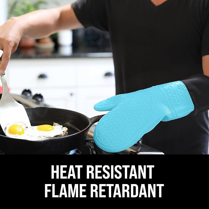 BPA-Free Soft Silicone Oven Mitts - Ultra Heat Resistant Oven Mitts with Thick Cotton Liner - Extra Long Slip Resistant Pot Holders, Flexible Oven Gloves - Aqua/Black 14.7" - Image 3