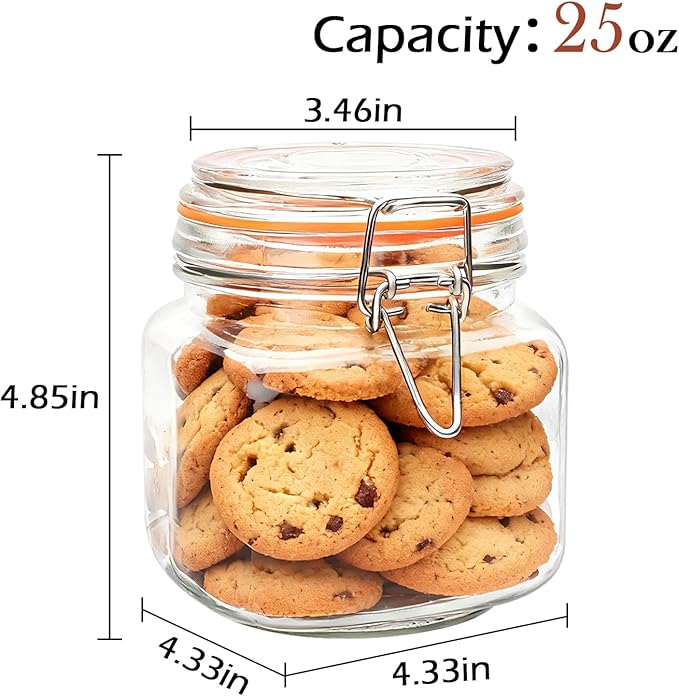 25 oz Glass Jars With Airtight Lids And Leak Proof Rubber Gasket,Wide Mouth Mason Jars With Hinged Lids For Kitchen Canisters 750ml, Glass Storage Containers 6 Pack - Image 2