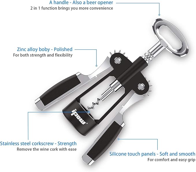 IPOW Wine Opener, Zinc Alloy Wine Bottle Opener, Wing Corkscrew Heavy Duty, Manual Multifunctional Cork Screw for Waiter, - Image 2
