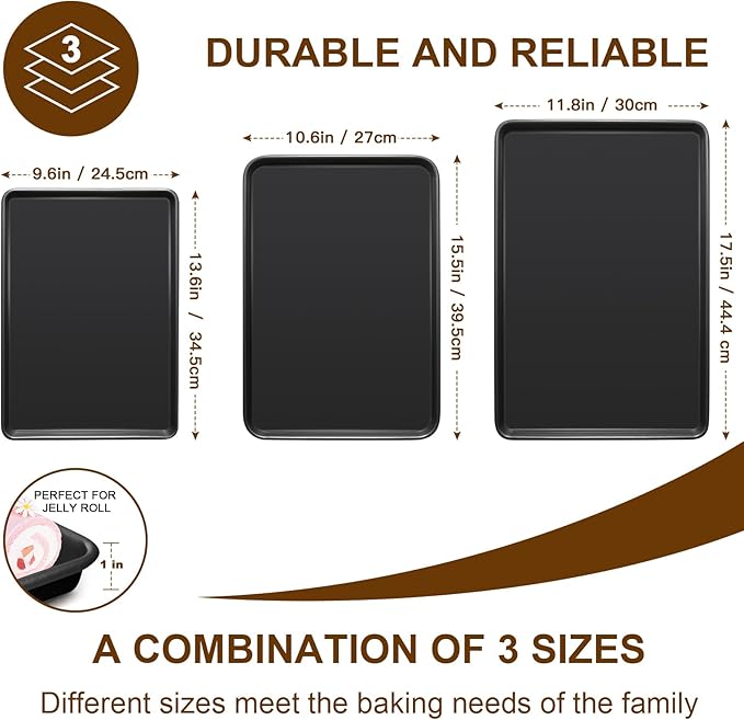 Baking Sheet Pan Set of 3, Commercial Cookie Sheets for Baking, Nonstick Half/Quarter/Jelly Roll Pans Replacement Toaster Oven Tray, Heavy Duty & Easy Clean, Dark Black - Image 3