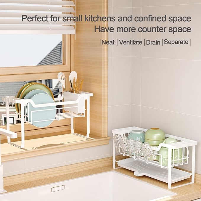 Dish Rack with Drainboard, Organizes Dishes and Bathroom Items for Narrow Spaces, Two-Story Drying Rack Fits 12 Plates 12 Bows 5 Glasses 4 Hooks and Some Cutlery, White - Image 5