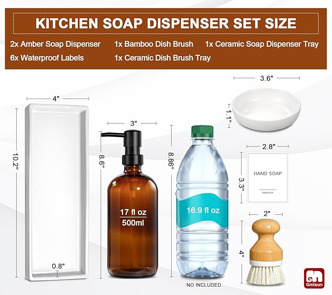 GMISUN Dish Soap Dispenser, 16 Oz Kitchen Soap Dispenser Set with Ceramic Tray & Bamboo Brush, 2 Pack Thick Amber Glass Soap Dispenser, Farmhouse Refillable Hand and Dish Liquid Soap Pump Bottle Set - Image 3