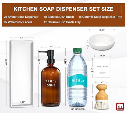 GMISUN Dish Soap Dispenser, 16 Oz Kitchen Soap Dispenser Set with Ceramic Tray & Bamboo Brush, 2 Pack Thick Amber Glass Soap Dispenser, Farmhouse Refillable Hand and Dish Liquid Soap Pump Bottle Set - Image 3