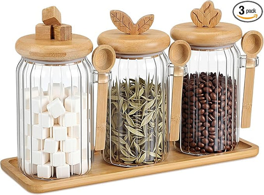 Suclain 3 Pcs Glass Coffee Container with Bamboo Color Lid & Spoon, 25 oz Airtight Glass Jar with Wooden Shelf, Food Storage Containers Coffee Jar Tea Container(Bamboo Color) by Suclain