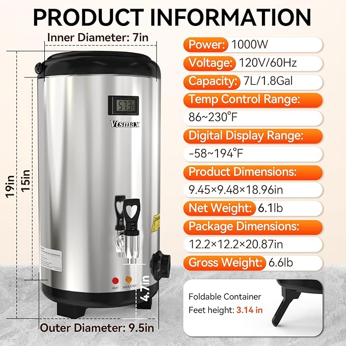 Electric Insulated Beverage Dispenser with Stand 2 Gallon Hot & Cold Drink Dispenser 86-230℉ Adjustable Temperature Real-Time Temperature Display for Tea and Coffee (Silver) - Image 8