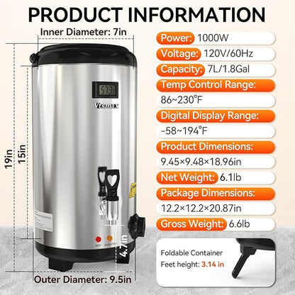 Electric Insulated Beverage Dispenser with Stand 2 Gallon Hot & Cold Drink Dispenser 86-230℉ Adjustable Temperature Real-Time Temperature Display for Tea and Coffee (Silver) - Image 8
