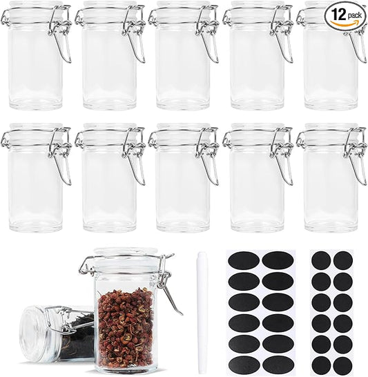 2.3 oz Small Glass Stash Jars with Labels, 12 Pack Mini Spice jars with Airtight Seal, Empty Spice Bottles with Silicone Rubber Gasket for Herb Tea Seasoning Storage