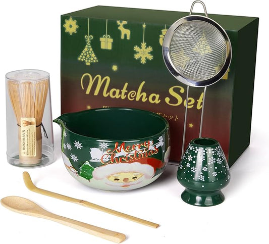 Christmas Matcha Whisk Set, Ceramic Matcha Set Includes Bowl & Holder, Bamboo Whisk (Chasen), Scoop, Spoon and Sifter, 6PCS Matcha Kit Covers Everything Needed for Making Matcha by Unknown