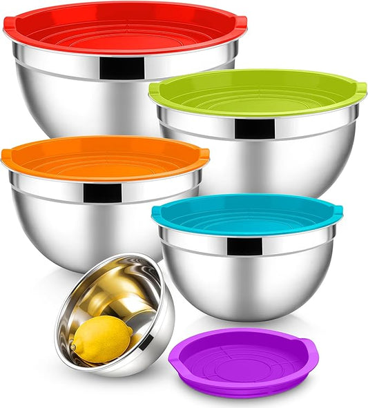 E-far Mixing Bowls With Lids Sets of 5, 10-Piece Stainless Steel Salad Metal Nesting Bowl for Baking Cooking and Prepping, Airtight Lid & Stackable Design, Size 4.6, 3, 2.1, 1.5, 0.7 QT, Colorful by E-far