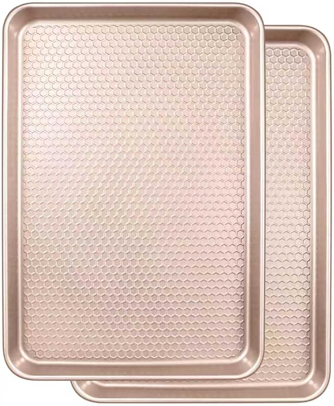 Wildone Baking Sheet Pan Set, Honeycomb Embossed Nonstick Baking Sheet 15x10 In, Thicker Carbon Steel Cookie Sheet, Even Heating Jelly Roll Pan, Rose Gold, 2 Pack by Wildone