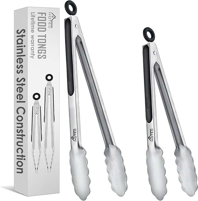 Hotec Stainless Steel Kitchen Tongs, Set of 2-9" and 12", Locking Metal Food Tongs for Cooking, Serving, BBQ, Grill Non-Slip Grip by Hotec