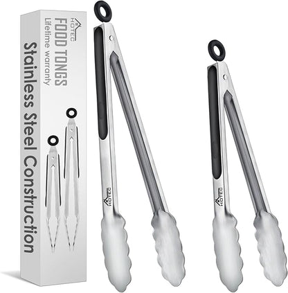 Hotec Stainless Steel Kitchen Tongs, Set of 2-9" and 12", Locking Metal Food Tongs for Cooking, Serving, BBQ, Grill Non-Slip Grip by Hotec