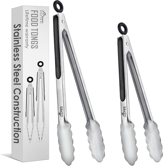Hotec Stainless Steel Kitchen Tongs, Set of 2-9" and 12", Locking Metal Food Tongs for Cooking, Serving, BBQ, Grill Non-Slip Grip by Hotec