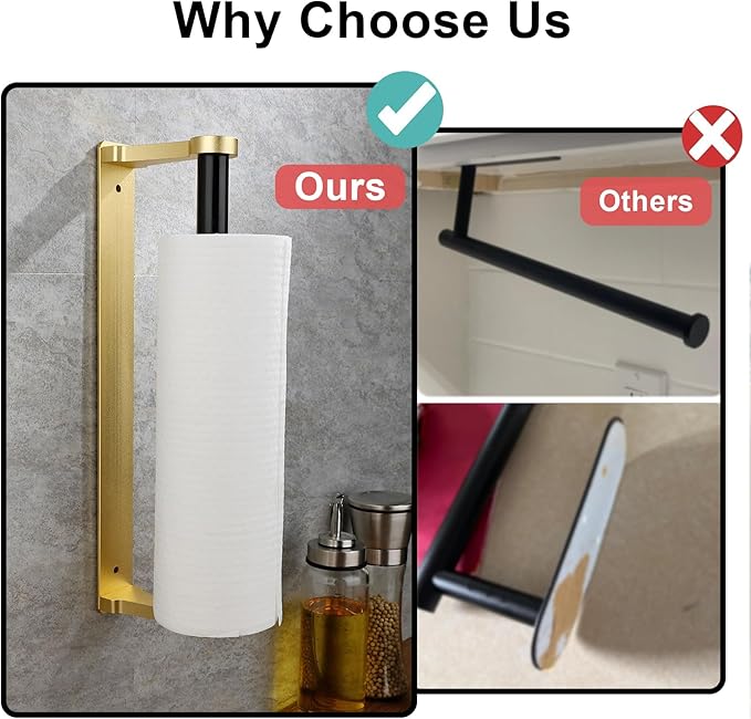MONEER Paper Towel Holder Under Cabinet, Paper Towel Holder, Aluminum Alloy Kitchen Towel Holders, Self Adhesive Kitchen Roll Holder for Kitchen, Bathroom, Living Room (Glow Gold) - Image 4