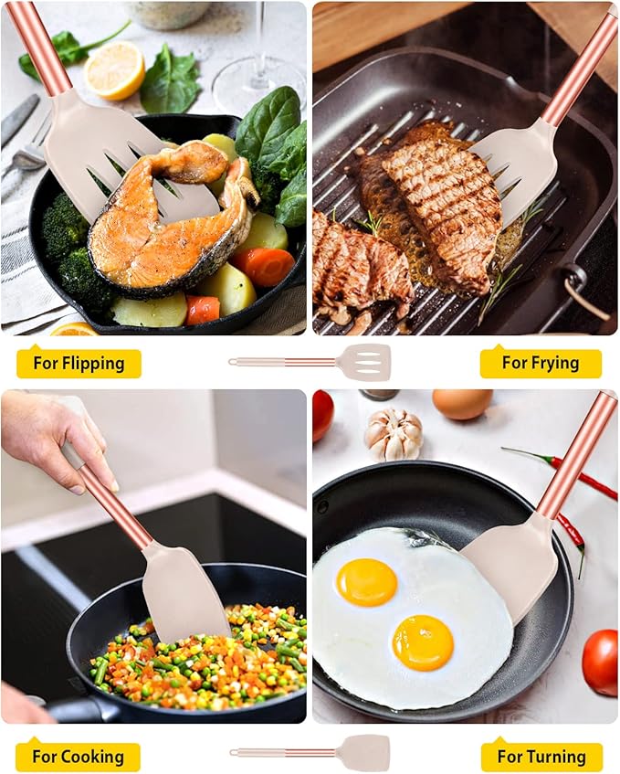 Pack of 2 Silicone Solid Turner, Non Stick Slotted Kitchen Spatulas, High Heat Resistant BPA Free Cooking Utensils, Ideal Cookware for Fish, Eggs, Pancakes(Rose Gold Khaki) - Image 3