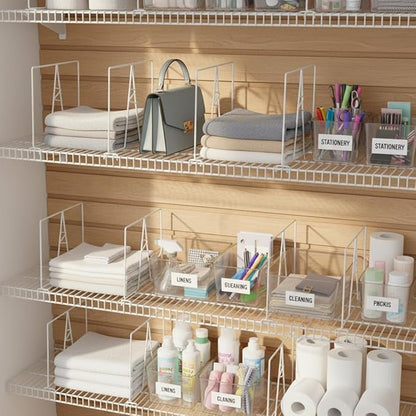 Wire Shelf Dividers - White Closet Organization & Storage Organizer - No Tool Shelf Divider for Wire Shelves - Metal Shelf Accessories – for 12“ Deep Wire Shelves – Tall 12” Height – 4 Pack