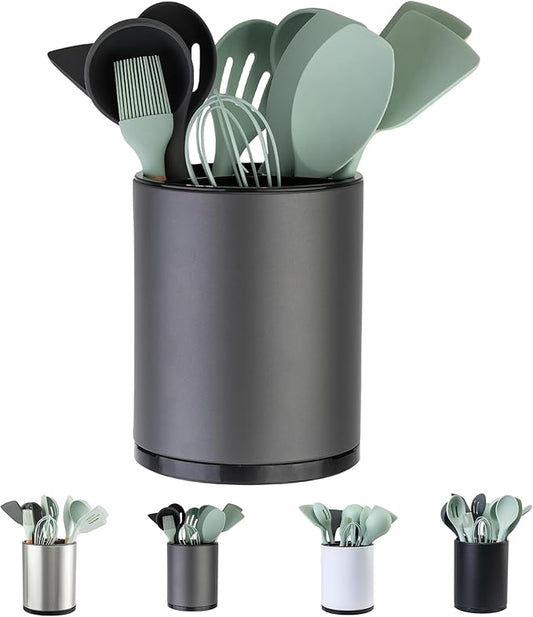 LIBODOUR Kitchen Utensil Holder Extra Large 360°Rotating For Counter Organizer Stainless Steel Storage Cooking Silverware Caddy 3 Compartment Flatware Spoon Spatula Tool Cutlery Container(Grey) by ModernandFarmhouseUtensilHolder