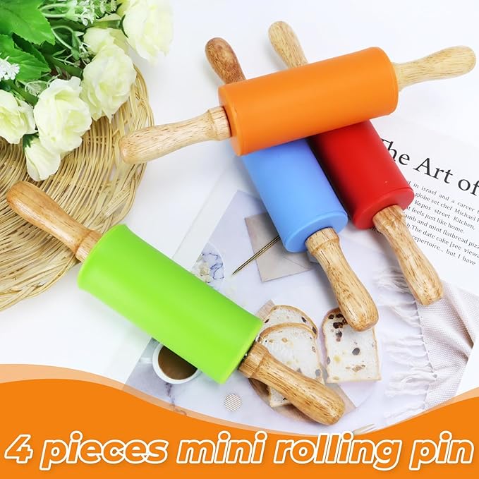 4 Pack Mini Rolling Pin for Kids, 9 Inch Wooden Handle Rolling Pin Non-Stick Silicone Rolling Pins for Children Cake Baking - Image 4