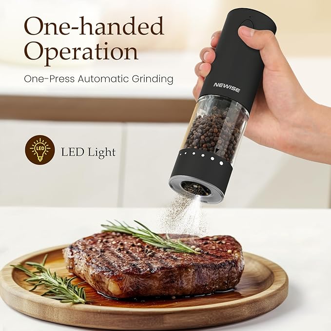 Electric Salt and Pepper Grinder Set, Adjustable Coarseness & LED Light, Rechargeable Large Capacity Stainless Steel Mill, Kitchen Appliances for Women Mom- Black/White