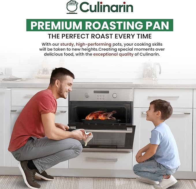 Large Roasting Pan With Rack 12” x 16” - Non Stick Large Roaster Pan and V-Rack With Foldable Handles - Roasting Pans for Ovens to Elevate Food for Even Heating - Dishwasher Safe Turkey Roast Pot