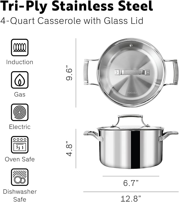 4 Quart Stainless Steel Pot with Lid - Fully Clad Tri Ply Stock Pot/Casserole - Heat Resistant Handles - Induction, Oven & Dishwasher Safe - Coating-Free, PFAS-Free Non Toxic Cookware