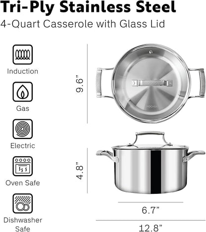 4 Quart Stainless Steel Pot with Lid - Fully Clad Tri Ply Stock Pot/Casserole - Heat Resistant Handles - Induction, Oven & Dishwasher Safe - Coating-Free, PFAS-Free Non Toxic Cookware
