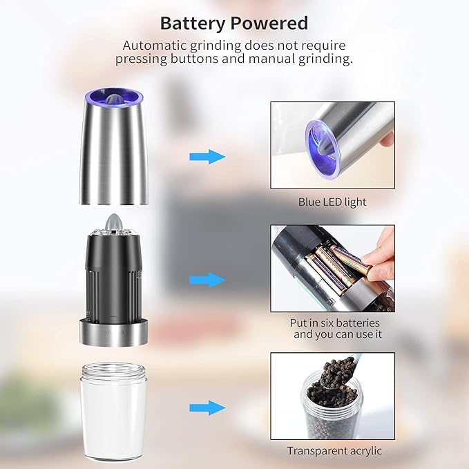 Gravity Electric Pepper and Salt Grinder Set, Adjustable Coarseness, Automatic Shakers Mill Grinder with LED Light, Battery Powered, Upgraded Larger Capacity, One Hand Operated (Sliver 2 Pack)