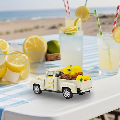 Lemon Decor - 4.9″Farmhouse Vintage Metal Truck with Mini Fake Lemons for Home Kitchen Table, Shelf, Party Decorations and Lemonade Stand Decor Summer Tiered Tray Decoration