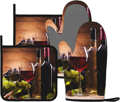 Wine Grapes Wooden Vintage Oven Mitts and Pot Holders Sets of 4, Heat Resistant Silicone Oven Mittens and Potholders Gloves Hot Pads for Kitchen Cooking Baking Grilling BBQ Chef by Echoserein