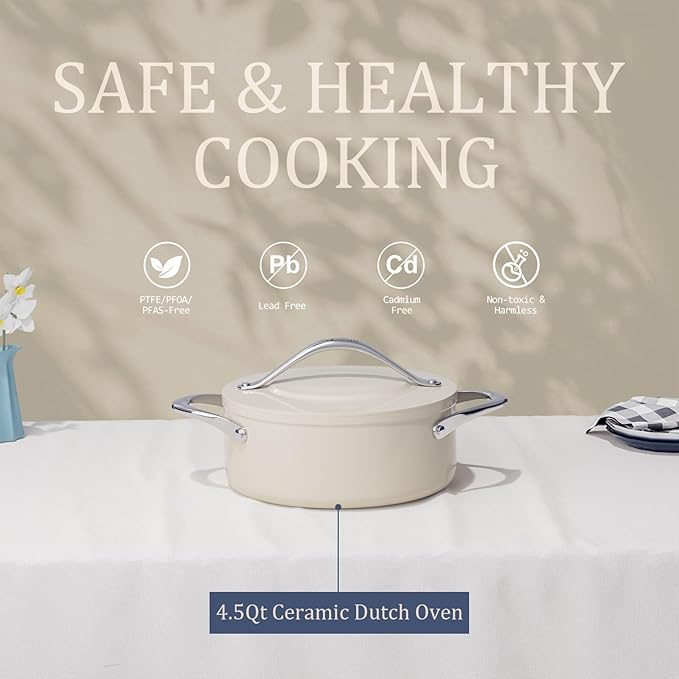 CookinCraze Stock Pot 4.5qt Dutch Oven Pot with Lid (9.5"x 4") Nonstick Ceramic Coated Cooking Pot Even Heat Distribution for Braising, Baking Bread & Soups, Compatible for All Cooktops, Cream