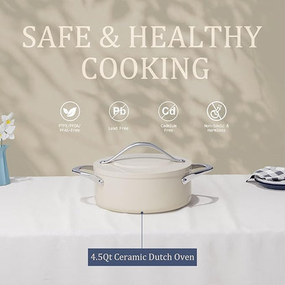 CookinCraze Stock Pot 4.5qt Dutch Oven Pot with Lid (9.5"x 4") Nonstick Ceramic Coated Cooking Pot Even Heat Distribution for Braising, Baking Bread & Soups, Compatible for All Cooktops, Cream