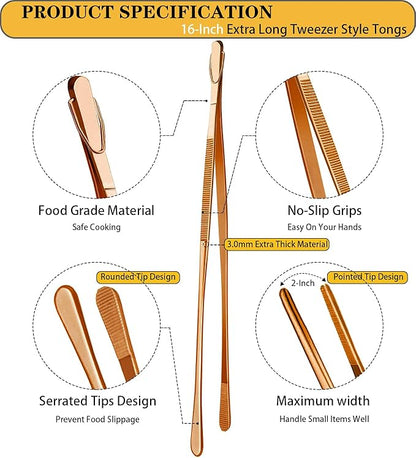 JETKONG 2 Pcs 16-Inch Extra-Large Kitchen Tweezers and Tongs - Giant Stainless Steel Food Tweezers - Rose Gold - Image 2