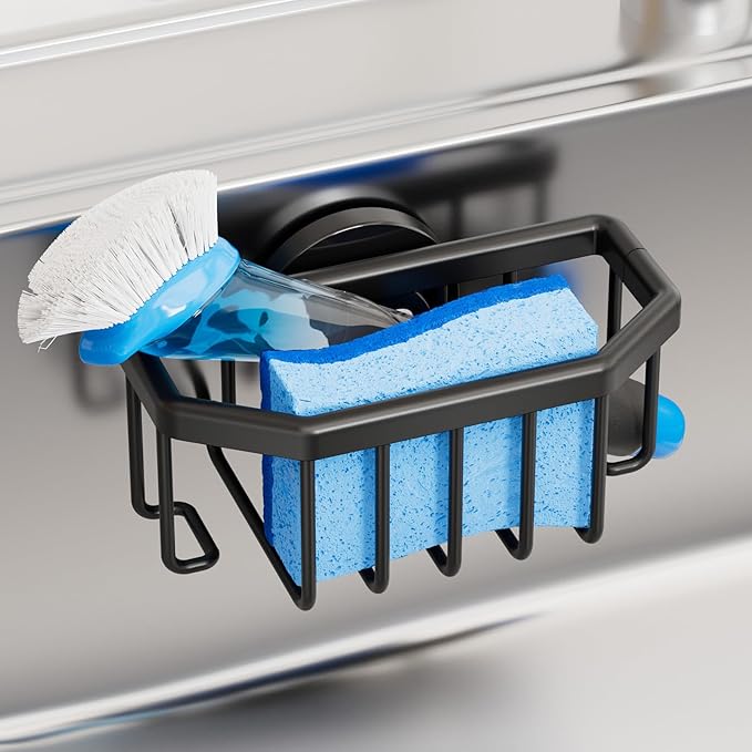TAILI Sink Caddy with Strong Suction Cup, Sponge Holder for Kitchen Sink Organizer, Removable Sponge Caddy Inside Sink, Rustproof Aluminum Holder for Sponges, Brushes - Black by TAILI