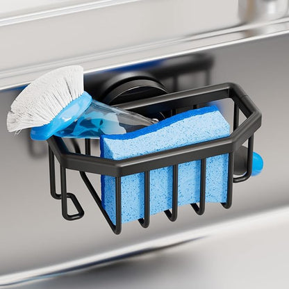 TAILI Sink Caddy with Strong Suction Cup, Sponge Holder for Kitchen Sink Organizer, Removable Sponge Caddy Inside Sink, Rustproof Aluminum Holder for Sponges, Brushes - Black by TAILI