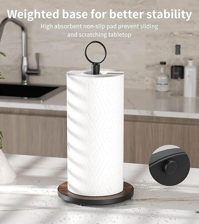 OROPY Paper Towel Holder Countertop with Heavy Duty Wood Base, Farmhouse Paper Towel Roll Stand for Kitchen Counter fits Standard and Jumbo Size Paper Towels (Brown) - Image 4