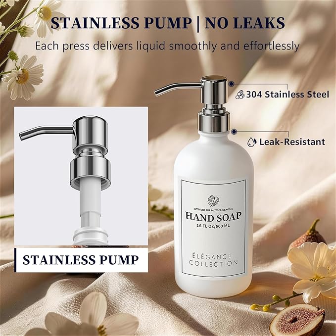 White Glass Soap Dispenser Set of 2, 16oz Hand and Dish Soap Dispenser for Kitchen & Bathroom, Silver Stainless Steel Pump, Non-Slip Base, 14 Waterproof Labels, Minimalist Decor - Image 2