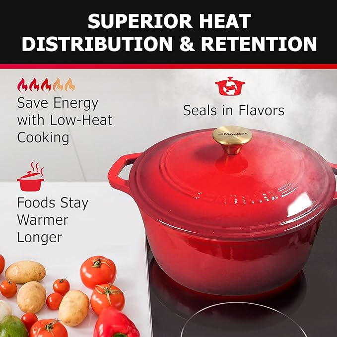 MUELLER HOME 7.5 QT Enameled Cast Iron Dutch Oven, Heavy-Duty Casserole Dish and Braiser Pan with Lid and Stainless Knob, Oven-Safe up to 500° F & Across All Cooktops, Red - Image 3