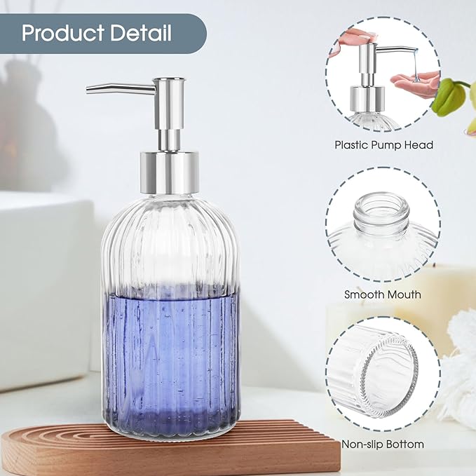 Topsky Stripe Glass Soap Dispenser with Plastic Pump, 400ml Liquid Hand Soap Dispenser, Rustproof Pump for Kitchen & Bathroom, Great for Lotions, Essential Oil, Liquid Soaps,Transparent - Image 3