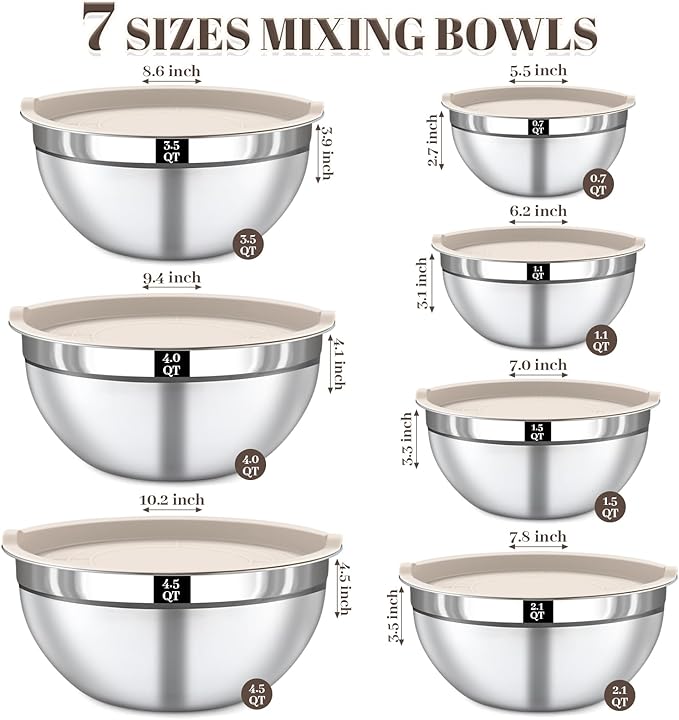Mixing Bowls with Lids Set - 7PCS Nesting Mixing Bowls, Lids, Stainless Steel Mixing Bowls for Mixing, Baking & Meal Prep, Dishwasher Safe, Size 0.7/1.1/1.5/2.1/3.5/4/4.5 QT, Khaki - Image 2