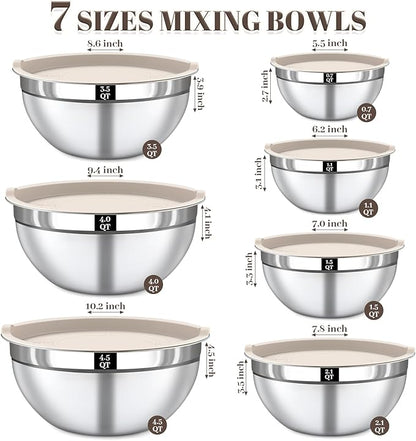 Mixing Bowls with Lids Set - 7PCS Nesting Mixing Bowls, Lids, Stainless Steel Mixing Bowls for Mixing, Baking & Meal Prep, Dishwasher Safe, Size 0.7/1.1/1.5/2.1/3.5/4/4.5 QT, Khaki - Image 2