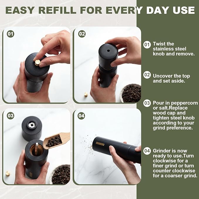 Wooden Salt and Pepper Grinder Set Manual Salt and Pepper Mill with Tray Adjustable Coarseness Refillable Wood Grinders with Gold Bottle Label for Kitchen (Black,White,8 Inch) - Image 6