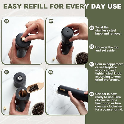 Wooden Salt and Pepper Grinder Set Manual Salt and Pepper Mill with Tray Adjustable Coarseness Refillable Wood Grinders with Gold Bottle Label for Kitchen (Black,White,8 Inch) - Image 6