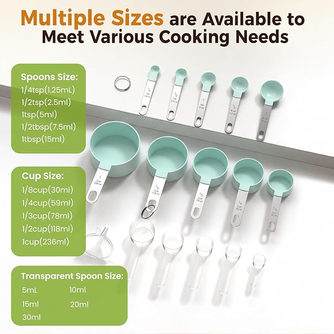 16PCS Measuring Cups and Spoons Set, Measuring Spoon Set with Metric and US Measurements, Fits for Measuring Dry and Liquid (Green) - Image 5