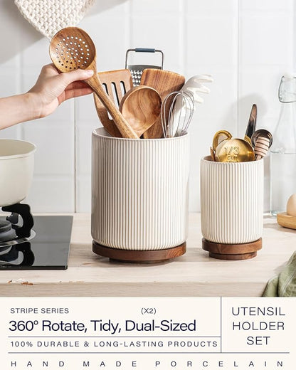 getstar Large Rotating Utensil Holder for Kitchen Counter,7.9"+6" Ceramic Utensils Crocks Set for Countertop Large & Small Utensil Organizer for Spatula Farmhouse Kitchen Decor - Image 2