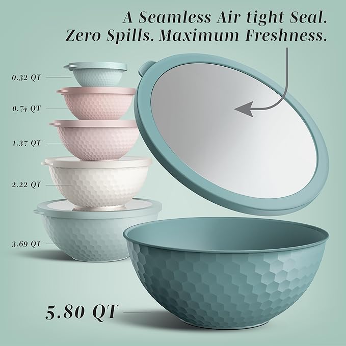 COOK WITH COLOR Mixing Bowls with Lids - 12 Piece Plastic Nesting Bowls Set includes 6 Prep Bowls and 6 Lids, Microwave Safe Mixing Bowl Set, Teal Embossed - Image 3