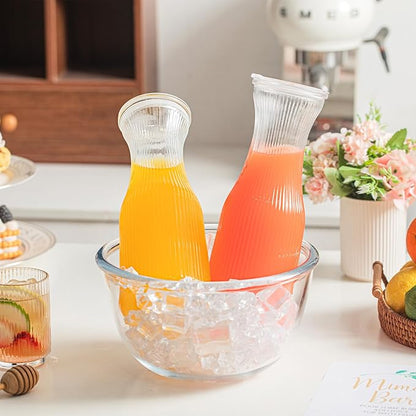 INSETLAN 1 Liter Ribbed Glass Carafe with Lid, Set of 2- Juice Carafe for Mimosa Bar, Brunch,Parties, Beverage Serveware, Cold Brew Coffee, Milk, Iced Tea, Lemonade -Includes 2 Wooden Chalkboard Label