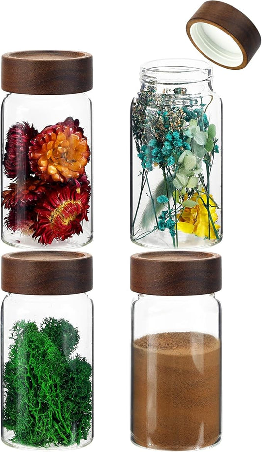 8 oz Small Glass Spice Jars with Airtight Wood Acacia Lid 4 PCS,Clear Coffee Ground Storage Canister Round Glass Spice Jar for Pantry Sugar Tea Bean Nuts Cookies Salts Seasoning by Patoper