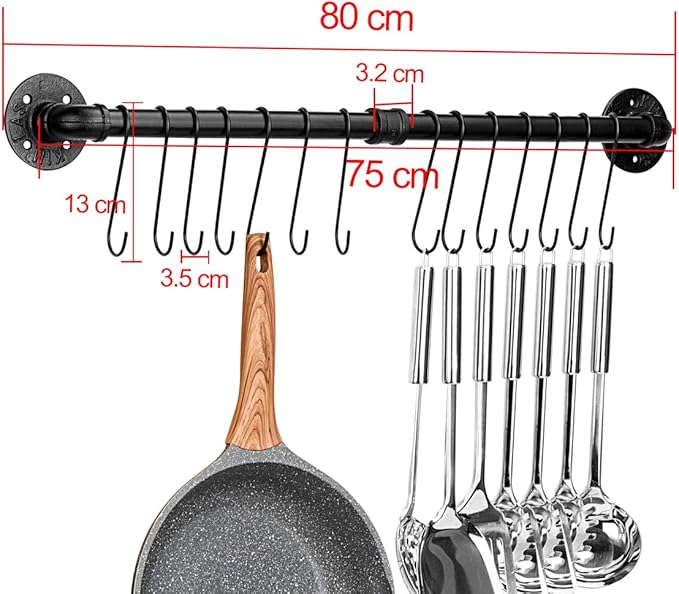Toplife 31.5 inch Pot Rack, Kitchen Wall Mounted Detachable Pan Lid Utensils Organizer Hanging Rail with 14 Hooks, Black - Image 2